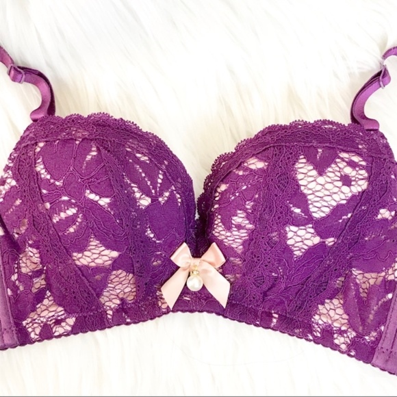 Sexy Romantic push-up purple lace pearl bow set - Picture 2 of 8